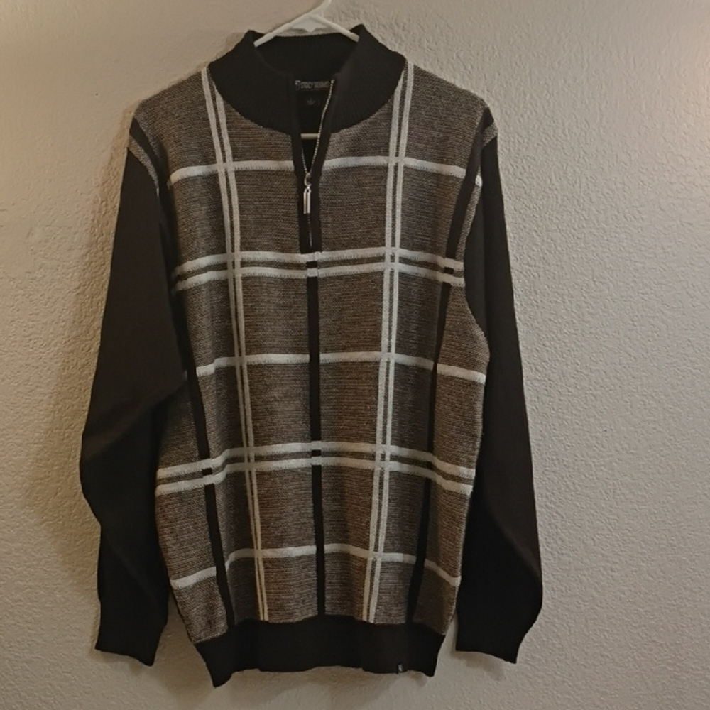 New Stacy Adams Brown and Black Plaid Zip-Up Sweater